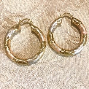 14K gold plate Tri-color Textured Hoop Earrings
